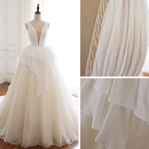 Sexy Champagne Organza Wedding Dresses 2019 A-Line / Princess See-through Deep V-Neck Sleeveless Backless Glitter Tulle Court Train