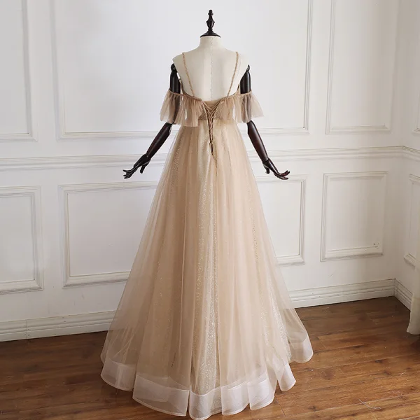 Luxury / Gorgeous Gold Prom Dresses 2019 A-Line / Princess Spaghetti Straps Short Sleeve Beading Glitter Tulle Floor-Length / Long Ruffle Backless Formal Dresses