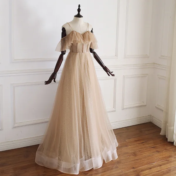 Luxury / Gorgeous Gold Prom Dresses 2019 A-Line / Princess Spaghetti Straps Short Sleeve Beading Glitter Tulle Floor-Length / Long Ruffle Backless Formal Dresses