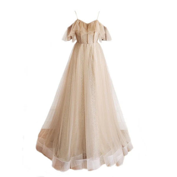 Luxury / Gorgeous Gold Prom Dresses 2019 A-Line / Princess Spaghetti Straps Short Sleeve Beading Glitter Tulle Floor-Length / Long Ruffle Backless Formal Dresses