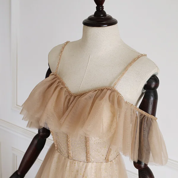 Luxury / Gorgeous Gold Prom Dresses 2019 A-Line / Princess Spaghetti Straps Short Sleeve Beading Glitter Tulle Floor-Length / Long Ruffle Backless Formal Dresses