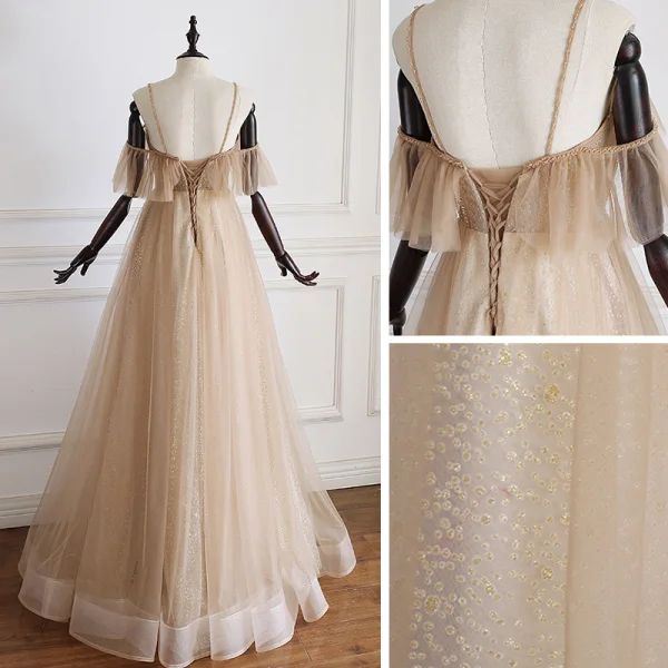 Luxury / Gorgeous Gold Prom Dresses 2019 A-Line / Princess Spaghetti Straps Short Sleeve Beading Glitter Tulle Floor-Length / Long Ruffle Backless Formal Dresses