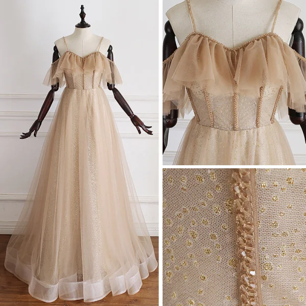 Luxury / Gorgeous Gold Prom Dresses 2019 A-Line / Princess Spaghetti Straps Short Sleeve Beading Glitter Tulle Floor-Length / Long Ruffle Backless Formal Dresses