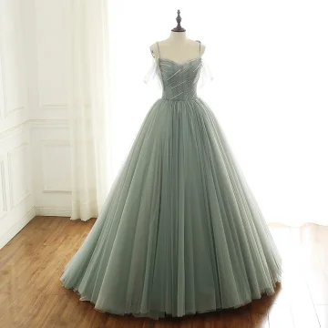 Luxury Gorgeous Sage Green Prom Dresses 2019 A Line Princess Spaghetti Straps Short Sleeve Glitter Beading Sequins Sweep Train Backless Ruffle Formal Dresses