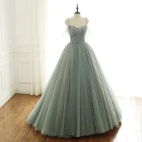 Magnífico Verde Salvia Vestidos de gala 2019 A-Line / Princess Spaghetti Straps Manga Corta Glitter Rebordear Lentejuelas Colas De Barrido Sin Espalda Ruffle Vestidos Formales