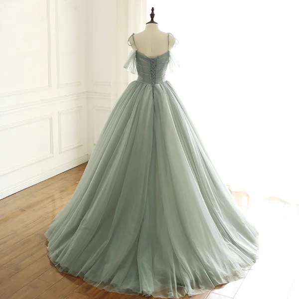 Luxury / Gorgeous Sage Green Prom Dresses 2019 A-Line / Princess Spaghetti Straps Short Sleeve Glitter Beading Sequins Sweep Train Backless Ruffle Formal Dresses