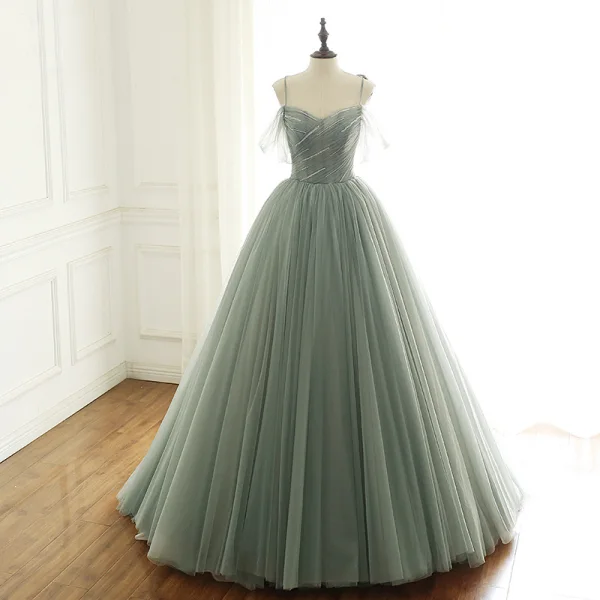 Luxury / Gorgeous Sage Green Prom Dresses 2019 A-Line / Princess Spaghetti Straps Short Sleeve Glitter Beading Sequins Sweep Train Backless Ruffle Formal Dresses
