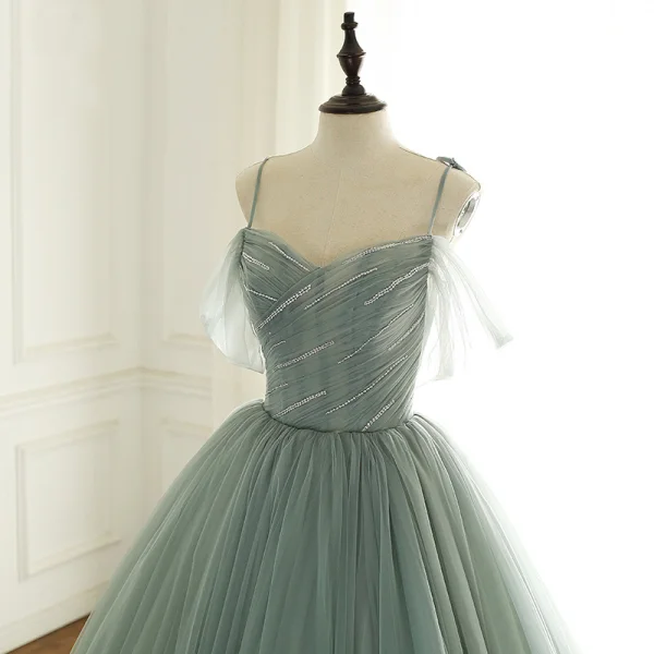 Luxury / Gorgeous Sage Green Prom Dresses 2019 A-Line / Princess Spaghetti Straps Short Sleeve Glitter Beading Sequins Sweep Train Backless Ruffle Formal Dresses