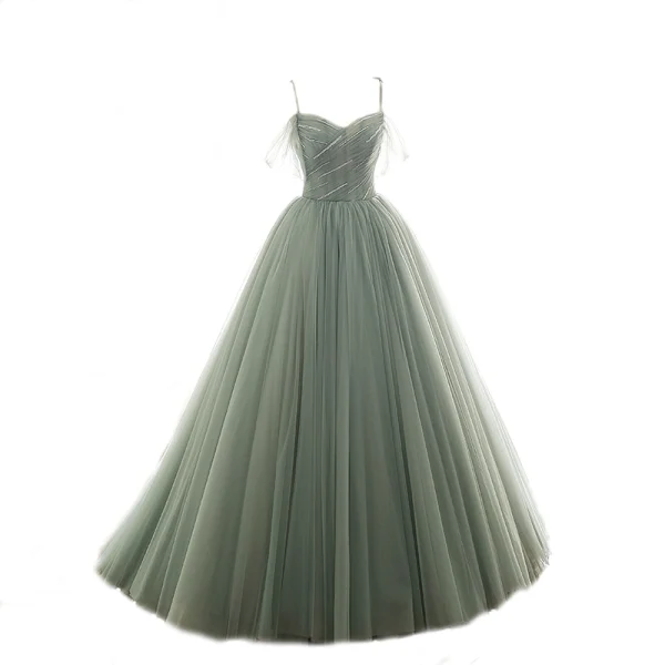 Luxury / Gorgeous Sage Green Prom Dresses 2019 A-Line / Princess Spaghetti Straps Short Sleeve Glitter Beading Sequins Sweep Train Backless Ruffle Formal Dresses