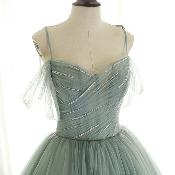 Luxury / Gorgeous Sage Green Prom Dresses 2019 A-Line / Princess Spaghetti Straps Short Sleeve Glitter Beading Sequins Sweep Train Backless Ruffle Formal Dresses