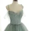 Luxury / Gorgeous Sage Green Prom Dresses 2019 A-Line / Princess Spaghetti Straps Short Sleeve Glitter Beading Sequins Sweep Train Backless Ruffle Formal Dresses