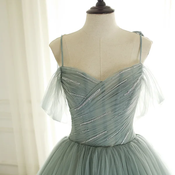 Luxury / Gorgeous Sage Green Prom Dresses 2019 A-Line / Princess Spaghetti Straps Short Sleeve Glitter Beading Sequins Sweep Train Backless Ruffle Formal Dresses