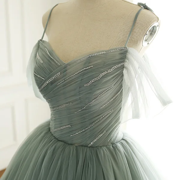 Luxury / Gorgeous Sage Green Prom Dresses 2019 A-Line / Princess Spaghetti Straps Short Sleeve Glitter Beading Sequins Sweep Train Backless Ruffle Formal Dresses