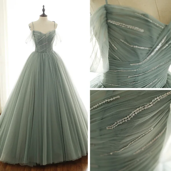 Luxury / Gorgeous Sage Green Prom Dresses 2019 A-Line / Princess Spaghetti Straps Short Sleeve Glitter Beading Sequins Sweep Train Backless Ruffle Formal Dresses