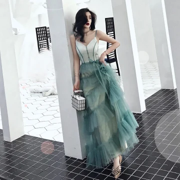 Chic Beautiful Green Evening Dresses 2019 A Line Princess Spaghetti Straps V Neck Sleeveless Floor Length Long Cascading Ruffles Backless Formal Dresses