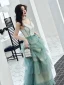 Chic / Beautiful Green Evening Dresses  2019 A-Line / Princess Spaghetti Straps V-Neck Sleeveless Floor-Length / Long Cascading Ruffles Backless Formal Dresses