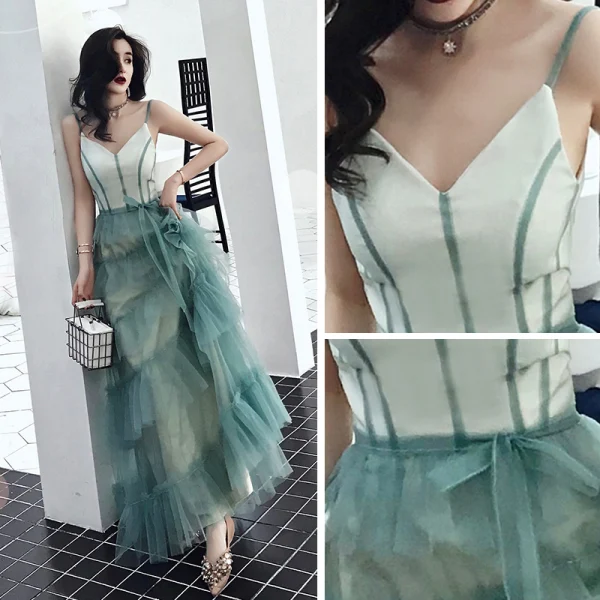 Chic / Beautiful Green Evening Dresses  2019 A-Line / Princess Spaghetti Straps V-Neck Sleeveless Floor-Length / Long Cascading Ruffles Backless Formal Dresses