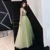 Flower Fairy Sage Green See-through Prom Dresses 2019 A-Line / Princess Strapless Sleeveless Appliques Lace Sash Floor-Length / Long Ruffle Backless Formal Dresses