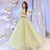 Flower Fairy Sage Green See-through Prom Dresses 2019 A-Line / Princess Strapless Sleeveless Appliques Lace Sash Floor-Length / Long Ruffle Backless Formal Dresses