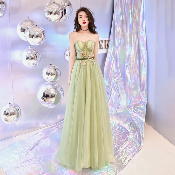 Flower Fairy Sage Green See-through Prom Dresses 2019 A-Line / Princess Strapless Sleeveless Appliques Lace Sash Floor-Length / Long Ruffle Backless Formal Dresses