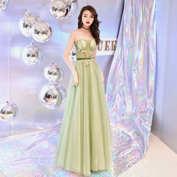 Flower Fairy Sage Green See-through Prom Dresses 2019 A-Line / Princess Strapless Sleeveless Appliques Lace Sash Floor-Length / Long Ruffle Backless Formal Dresses