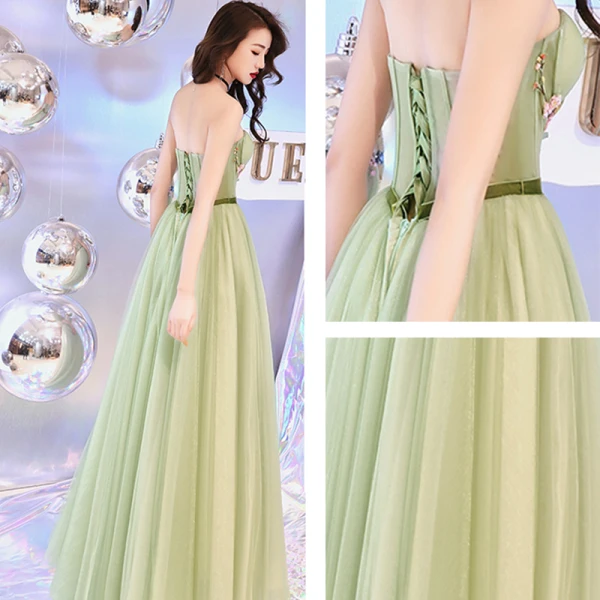 Flower Fairy Sage Green See-through Prom Dresses 2019 A-Line / Princess Strapless Sleeveless Appliques Lace Sash Floor-Length / Long Ruffle Backless Formal Dresses