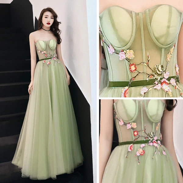 Flower Fairy Sage Green See-through Prom Dresses 2019 A-Line / Princess Strapless Sleeveless Appliques Lace Sash Floor-Length / Long Ruffle Backless Formal Dresses
