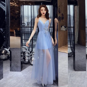 Affordable Sky Blue Summer See Through Evening Dresses 2019 A Line Princess Scoop Neck Sleeveless Rhinestone Appliques Lace Beading Glitter Tulle Floor Length Long Ruffle Formal Dresses