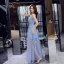 Affordable Sky Blue Summer See-through Evening Dresses  2019 A-Line / Princess Scoop Neck Sleeveless Rhinestone Appliques Lace Beading Glitter Tulle Floor-Length / Long Ruffle Formal Dresses