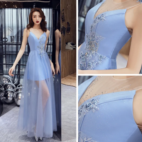 Affordable Sky Blue Summer See-through Evening Dresses  2019 A-Line / Princess Scoop Neck Sleeveless Rhinestone Appliques Lace Beading Glitter Tulle Floor-Length / Long Ruffle Formal Dresses