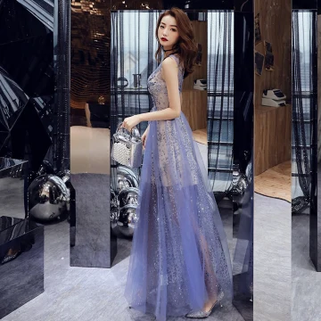 Abordable Bleu Roi Été Robe De Soirée 2019 Princesse V Cou Sans Manches Appliques En Dentelle Paillettes Faux Diamant Glitter Tulle Longue Volants Dos Nu Robe De Ceremonie
