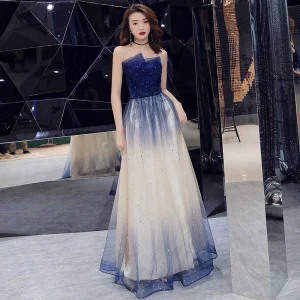 Elegant Mørk Marineblå Gradient Farge Champagne Selskapskjoler 2019 Prinsesse Strapless Uten Ermer Appliques Blonder Rhinestone Glitter Tyll Lange Buste Ryggløse Formelle Kjoler