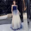 Élégant Bleu Marine Dégradé De Couleur Champagne Robe De Soirée 2019 Princesse Bustier Sans Manches Appliques En Dentelle Faux Diamant Glitter Tulle Longue Volants Dos Nu Robe De Ceremonie