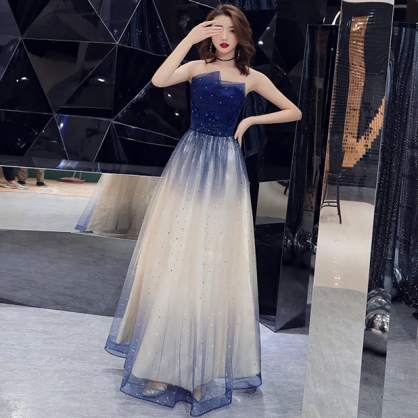 Élégant Bleu Marine Dégradé De Couleur Champagne Robe De Soirée 2019 Princesse Bustier Sans Manches Appliques En Dentelle Faux Diamant Glitter Tulle Longue Volants Dos Nu Robe De Ceremonie