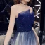Élégant Bleu Marine Dégradé De Couleur Champagne Robe De Soirée 2019 Princesse Bustier Sans Manches Appliques En Dentelle Faux Diamant Glitter Tulle Longue Volants Dos Nu Robe De Ceremonie