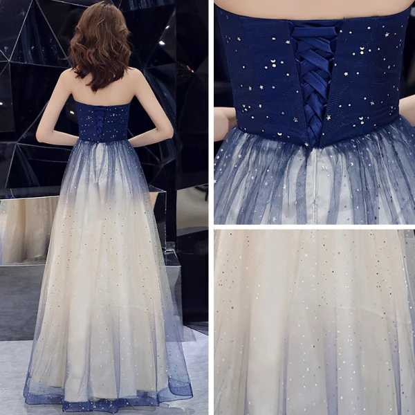 Élégant Bleu Marine Dégradé De Couleur Champagne Robe De Soirée 2019 Princesse Bustier Sans Manches Appliques En Dentelle Faux Diamant Glitter Tulle Longue Volants Dos Nu Robe De Ceremonie