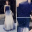 Élégant Bleu Marine Dégradé De Couleur Champagne Robe De Soirée 2019 Princesse Bustier Sans Manches Appliques En Dentelle Faux Diamant Glitter Tulle Longue Volants Dos Nu Robe De Ceremonie