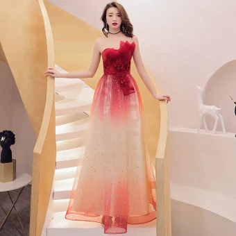 Prisvärd Röd Gradient Färg Aftonklänningar 2019 Prinsessa Axelbandslös Ärmlös Appliqués Spets Glittriga Glitter Tyll Långa Ruffle Halterneck Formella Klänningar