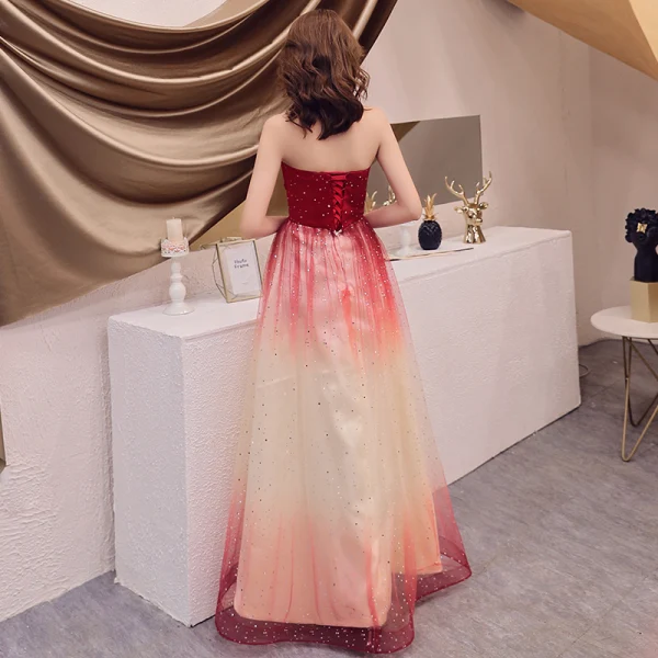Affordable Red Gradient-Color Evening Dresses 2019 A-Line / Princess Strapless Sleeveless Appliques Lace Glitter Tulle Floor-Length / Long Ruffle Backless Formal Dresses