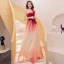 Affordable Red Gradient-Color Evening Dresses  2019 A-Line / Princess Strapless Sleeveless Appliques Lace Glitter Tulle Floor-Length / Long Ruffle Backless Formal Dresses