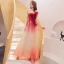 Affordable Red Gradient-Color Evening Dresses  2019 A-Line / Princess Strapless Sleeveless Appliques Lace Glitter Tulle Floor-Length / Long Ruffle Backless Formal Dresses