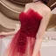 Affordable Red Gradient-Color Evening Dresses  2019 A-Line / Princess Strapless Sleeveless Appliques Lace Glitter Tulle Floor-Length / Long Ruffle Backless Formal Dresses