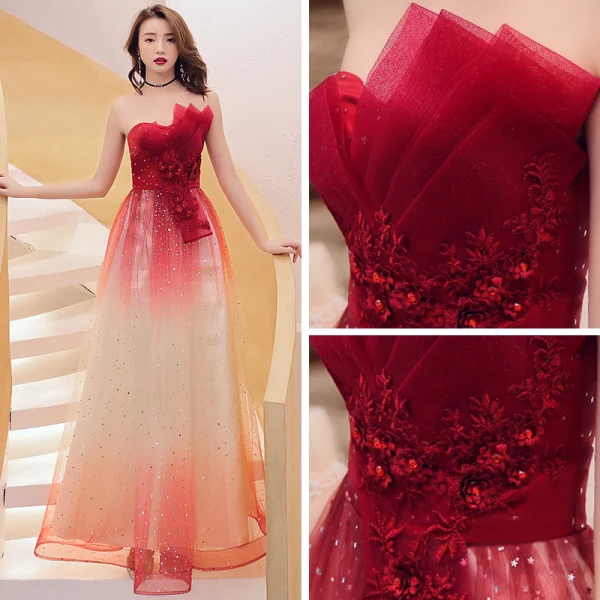 Affordable Red Gradient-Color Evening Dresses 2019 A-Line / Princess Strapless Sleeveless Appliques Lace Glitter Tulle Floor-Length / Long Ruffle Backless Formal Dresses
