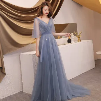 Élégant Gris Été Robe De Soirée 2019 Princesse V Cou 1 2 Manches Appliques Paillettes Train De Balayage Volants Dos Nu Robe De Ceremonie