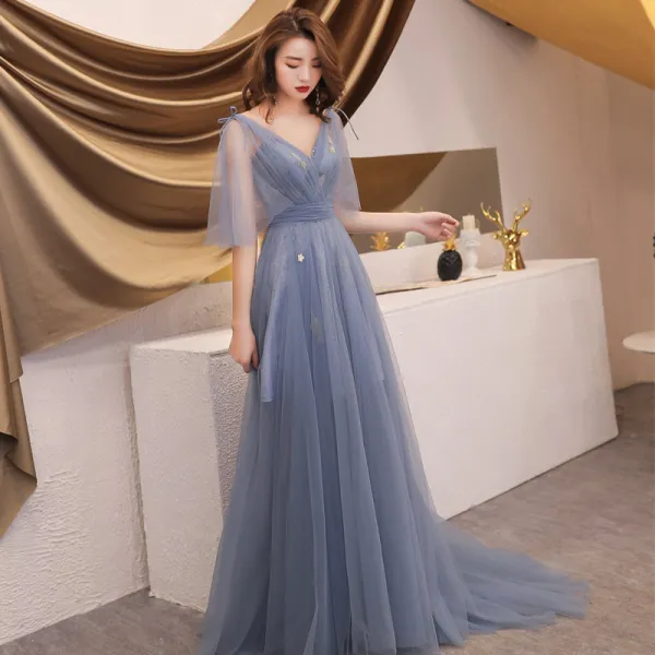 Elegant Grey Summer Evening Dresses  2019 A-Line / Princess V-Neck 1/2 Sleeves Appliques Sequins Sweep Train Ruffle Backless Formal Dresses