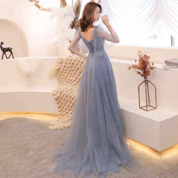 Élégant Gris Été Robe De Soirée 2019 Princesse V-Cou 1/2 Manches Appliques Paillettes Train De Balayage Volants Dos Nu Robe De Ceremonie