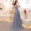 Élégant Gris Été Robe De Soirée 2019 Princesse V-Cou 1/2 Manches Appliques Paillettes Train De Balayage Volants Dos Nu Robe De Ceremonie