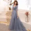 Élégant Gris Été Robe De Soirée 2019 Princesse V-Cou 1/2 Manches Appliques Paillettes Train De Balayage Volants Dos Nu Robe De Ceremonie
