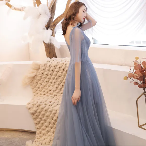 Élégant Gris Été Robe De Soirée 2019 Princesse V-Cou 1/2 Manches Appliques Paillettes Train De Balayage Volants Dos Nu Robe De Ceremonie