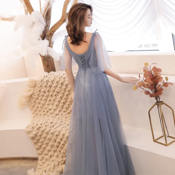 Élégant Gris Été Robe De Soirée 2019 Princesse V-Cou 1/2 Manches Appliques Paillettes Train De Balayage Volants Dos Nu Robe De Ceremonie